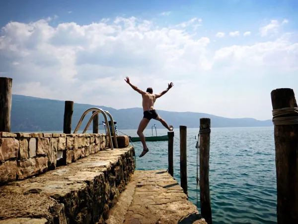Blick auf einen Steg am Wasser: ein Mann springt ins Wasser - augenscheinlich sehr gut gelaunt, auch wenn man ihn nur von hinten sieht